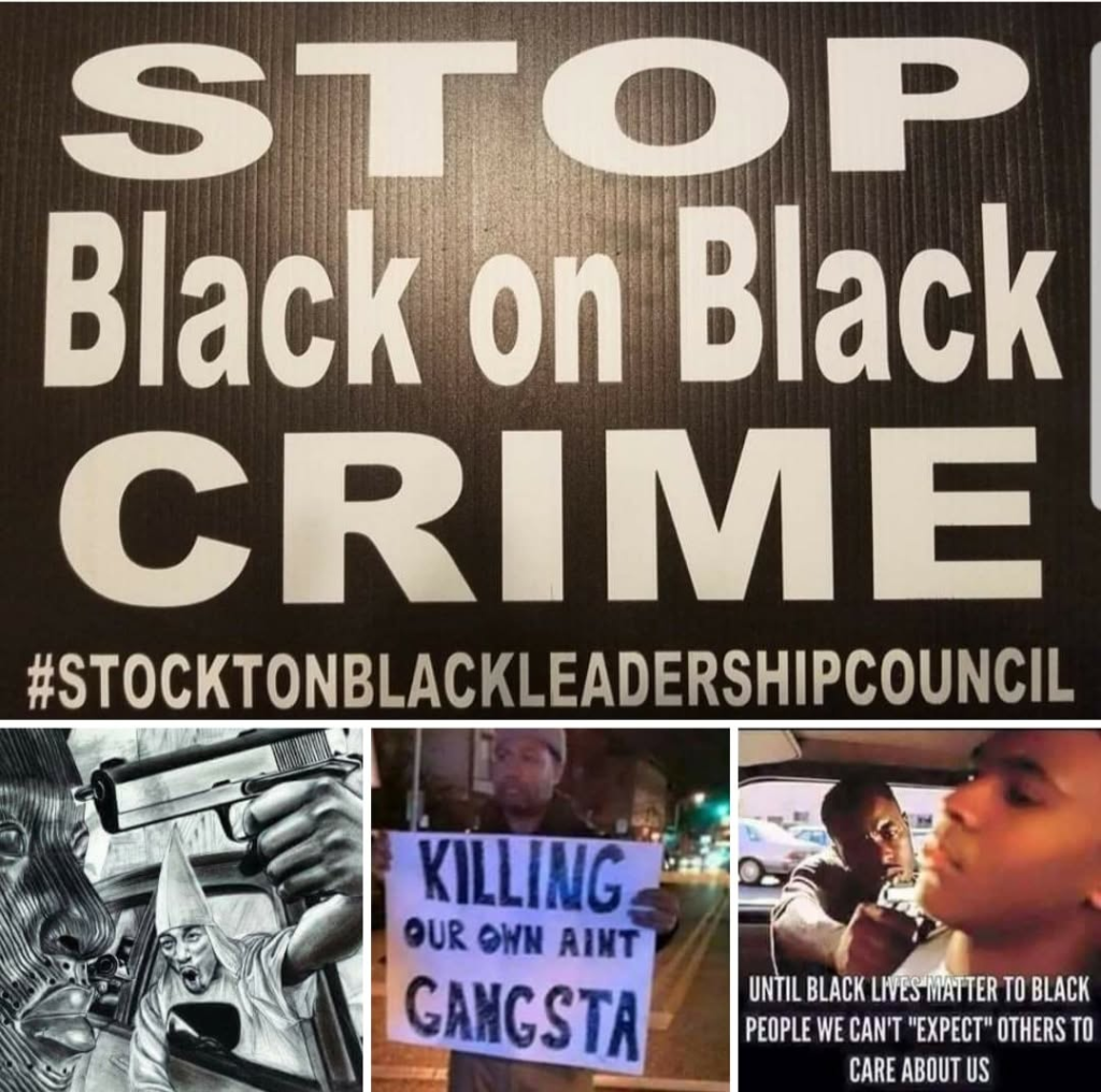 A community wall with a large STOP Black on Black Crime banner and the hashtag Stockton Black Leadership Council